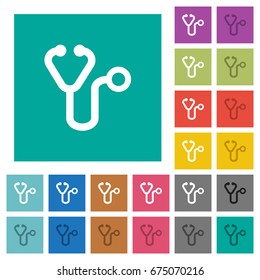 Stethoscope multi colored flat icons on plain square backgrounds. Included white and darker icon variations for hover or active effects.