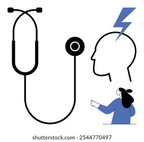 Stethoscope next to a head with a lightning bolt implying headache and a person in blue pointing. Ideal for medical, healthcare, telemedicine, headache treatment, online consultation