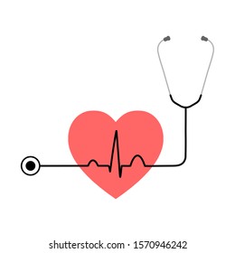 Stethoscope With Normal Heart Pulse On Red Heart Pattern Isolated On White Background. Medical Device Icon. Vital Sign. Design For Logo. Concept For Health Care, Heart Attack Screening, Cardiac Disease.