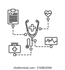estetoscopio con el corazón de la bolsa anotado y esquema de concepto médico de la gráfica