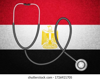 Stethoscope sobre el fondo de la bandera egipcia. Ilustración vectorial.