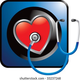 stethoscope on heart on blue web button