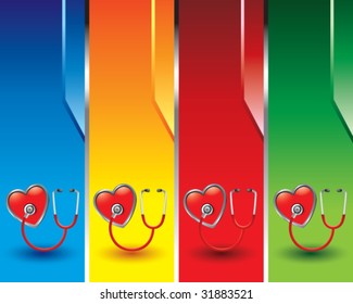 estetoscopio en el corazón sobre banners verticales de colores