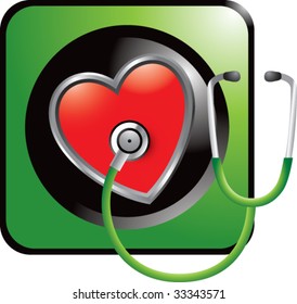 estetoscopio en el corazón sobre botón verde de la web