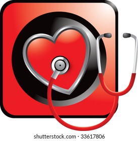 stethoscope on heart on red web button