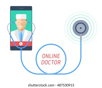 Stethoscope on a mobile phone with man doctor on the screen. Telemedicine and telehealth flat concept illustration of smart phone, medic and phonendoscope. Vector element for tele medical infographic.