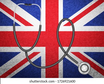Stethoscope sobre el fondo de la bandera del Reino Unido. Ilustración vectorial.