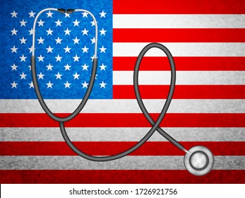 Stethoscope on USA flag background. Vector illustration.