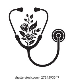 A stethoscope outline creatively filled with a delicate floral arrangement design