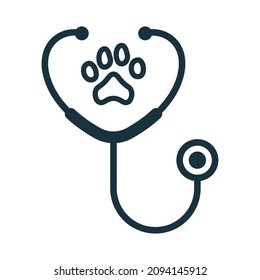 Stethoscope with Paw Print Line Icon. Veterinary Concept. Pet, Dog, Cat Health Care Service Icon. Veterinarian Medicine Equipment Outline Pictogram. Isolated Vector Illustration.