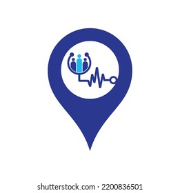 Stethoscope People map pin shape concept logo design icon vector. Family Medical Logo Template Design Vector.