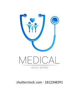 Stethoscope and people vector logotype in blue color. Medical symbol for doctor, clinic, hospital and diagnostic. Modern concept for logo or identity style. Sign of health. Isolated on white.