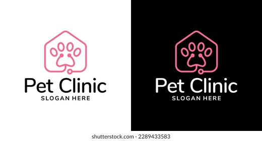 Stethoscope with pet clinic logo design vector illustration. house pet clinic with line style. icon, health animals concept symbol, creative, logotype.