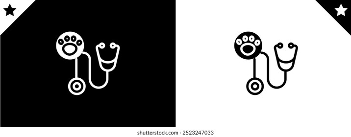 Stethoscope with pet clinic logo design vector illustration. house pet clinic with line style. icon, health animals concept symbol, creative, logotype.