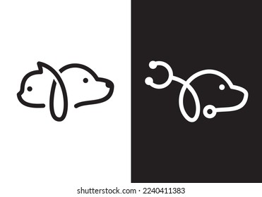 logo de las mascotas de estetoscopio. vector de diseño de gato perro. estilo lineal. ilustración de icono de símbolo de concepto de animales de salud.