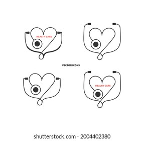 Stethoscope, phonendoscope, heart vector icon. Concept: health care, heart. Vector illustration, flat cartoon monochrome minimal design, black silhouette, isolated on white background.