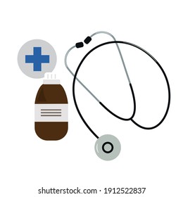Stethoscope and phonendoscope in medicine and veterinary medicine. Medical equipment, flat illustration. Medicine bottle in dark glass and label. Blue cross on a gray background. Flat graphics, vector