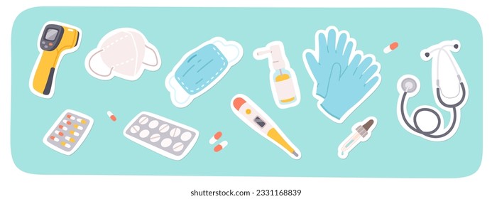 Stethoscope, pills medical hospital equipment set. Medicine drugs, thermometers, gloves, corona virus protection face masks. Health care, medication, coronavirus treatment flat vector illustration