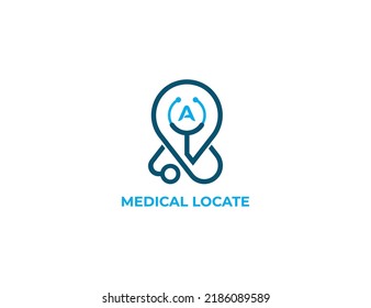 Stethoscope Pin Location Logo Concept sign icon symbol Design with Letter A. Medical Health care Logotype. Vector illustration template