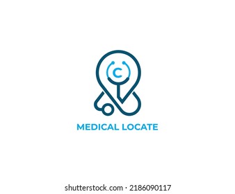 Stethoscope Pin Location Logo Concept sign icon symbol Design with Letter C. Medical Health care Logotype. Vector illustration template