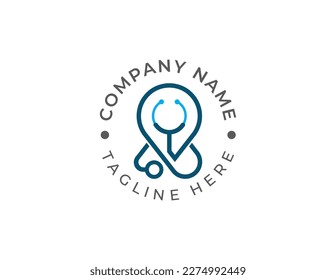 Stethoscope Pin Location Logo Concept sign icon symbol Element Design. Geotag, Place, Pinpoint, Medical, Health care Logotype. Vector illustration template