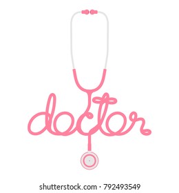 Stethoscope pink color and doctor text made from cable flat design isolated on white background, with copy space