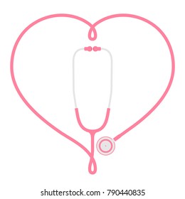 Stethoscope pink color and heart sign symbol frame made from cable flat design isolated on white background, with copy space