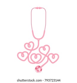 Stethoscope pink color and heart sign symbol made from cable isolated on white background, with copy space