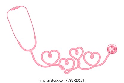 Stethoscope pink color and heart sign symbol made from cable isolated on white background, with copy space