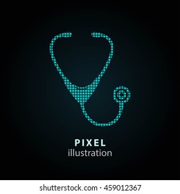 Stethoscope - pixel icon. Vector Illustration. Design logo element. Isolated on black background. It is easy to change to any color.