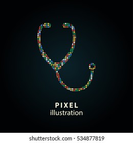 Stethoscope - pixel icon. Vector Illustration. Design logo element. Isolated on black background. It is easy to change to any color.