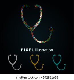 Stethoscope - pixel icon. Vector Illustration. Design logo element. Isolated on black background. It is easy to change to any color.
