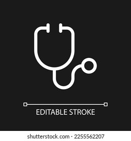 Stethoscope pixel perfect white linear ui icon for dark theme. Medical examination instrument. Vector line pictogram. Isolated user interface symbol for night mode. Editable stroke. Arial font used