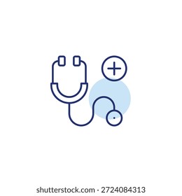 Estetoscopio y símbolo plus. Nueva cita, registro de pacientes. Icono de Vector de trazo perfecto y editable