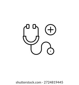 Stethoskop und Pluszeichen. Neuer Termin, Patientenregistrierung. Pixel perfekt, bearbeitbares Strichvektorsymbol