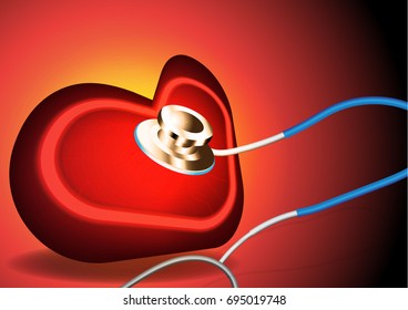stethoscope and red heart. Heart Check, health care concept.Vector