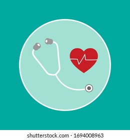 Stethoscope With Red Heart And Heartbeat Line Flat Icon Isolated On Green Background.Medical Device Icon.Vital Sign.Design For Logo.Concept For Health.