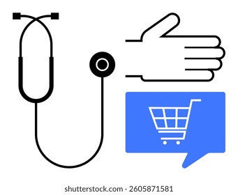 Stethoscope representing healthcare, hand gesture symbolizing interaction, blue speech bubble with shopping cart portraying e-commerce. Ideal for medical services, online shopping, e-commerce