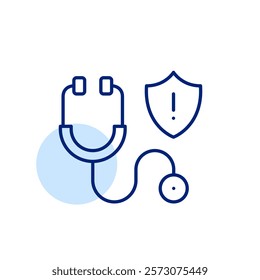 Stethoscope and security shield in exclamation mark. Urgent medical alert, protection against health risks. Medical data security warning. Pixel perfect, editable stroke icon