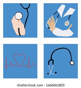 Conjunto de estetoscopio, ilustración de diseño vectorial de atención de salud 