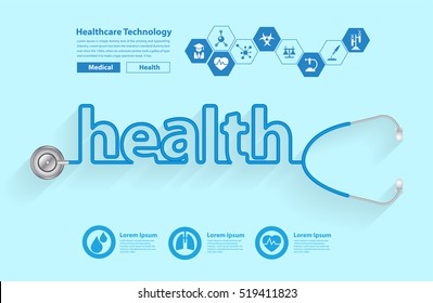 Stethoscope in the shape of a health words design, Vector illustration modern design template