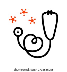 Stethoscope in shape of heart. Black icon isolated on white background. Stock vector illustration can be used to promote and advertise, fight and protect COVID-19 Coronavirus outbreak concept