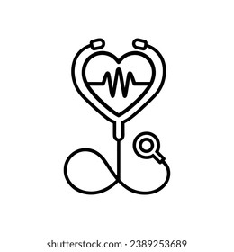 Stethoscope in the shape of a heart icon. Black outline stethoscope icon with heartbeat line. Medical icon. Vector illustration