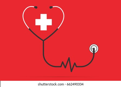 stethoscope in the shape of a heart and pulse with plus symbol, health concept