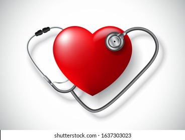 A stethoscope in the shape of a heart and red heart, isolated on white background