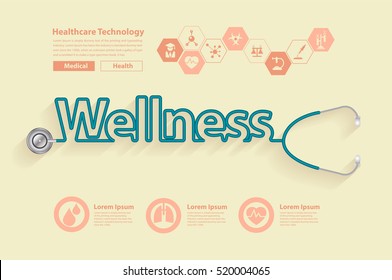 Stethoscope in the shape of a wellness words design, Vector illustration modern design template