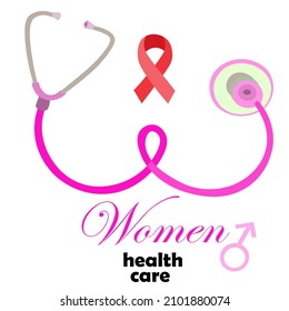 Stethoscope In The Shape Of Woman's Breast. The Concept Of Women's Health Protection. Breast Cancer Awareness Concept. Gynecology And The Care Of Women's Sexual Health. Vector Illustration.