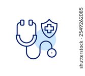 Stethoscope and shield with cross. Health insurance, family doctor and checkup. Pixel perfect, editable stroke icon