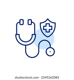 Estetoscópio e escudo com cruz. Seguro de saúde, médico de família e check-up. Pixel perfeito, ícone de traçado editável