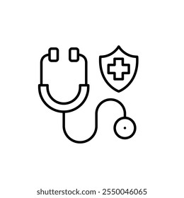 Stethoscope and shield with cross. Health insurance, family doctor and checkup. Pixel perfect vector icon